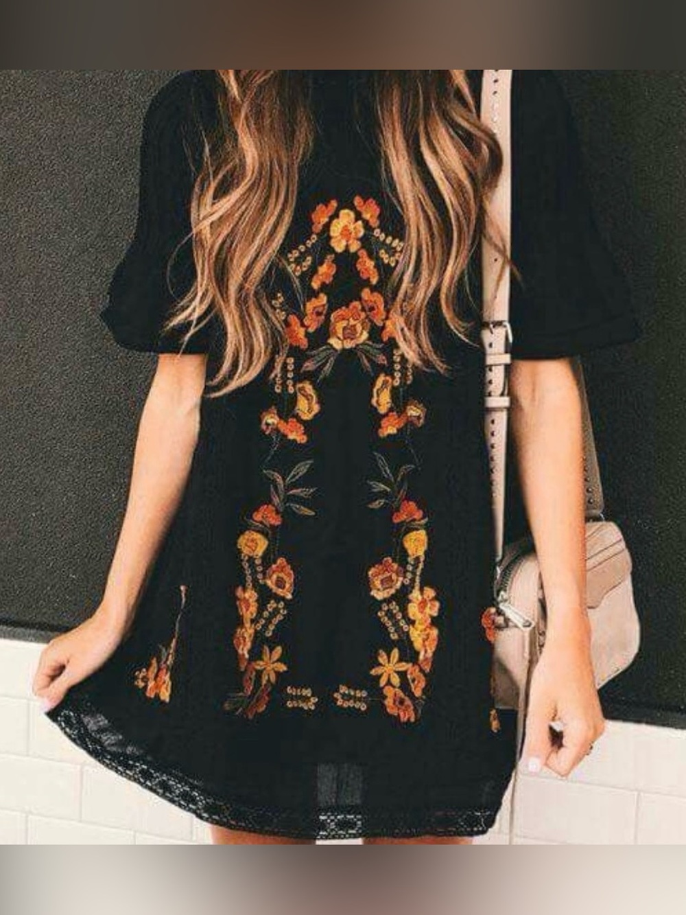 Free People Perfectly Victorian
Embroidered Mini Dress in Black & Orange, Small